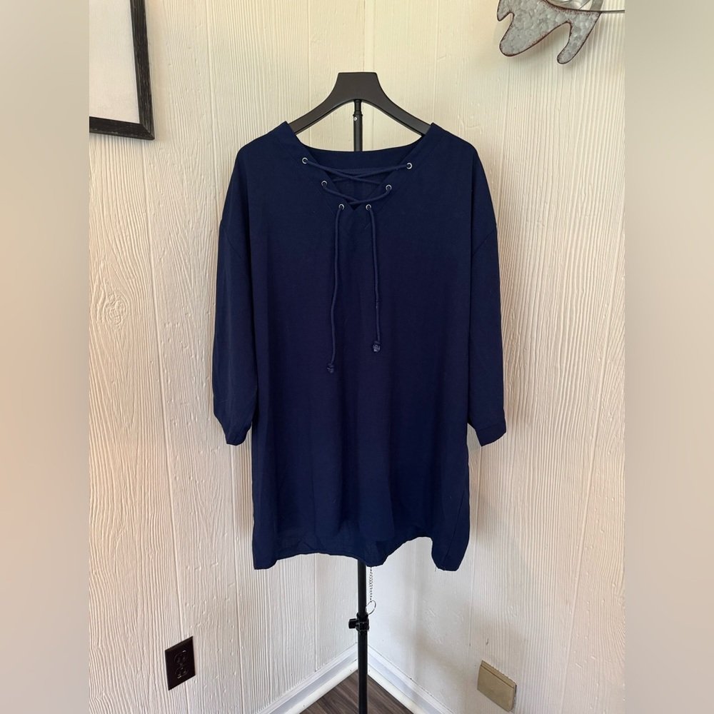 Women’s Linen Navy Pullover Top with String Tie Neckline 4XL